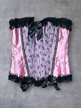 Pink Satin Black Mesh Bow Detail Sz L Corset